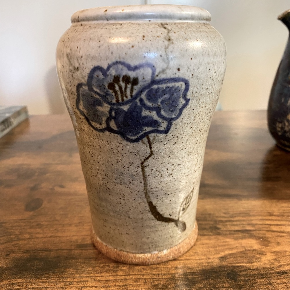 Vintage MCM 1977 Signed Studio Pottery Speckled Floral Stoneware Vase Cottagecor